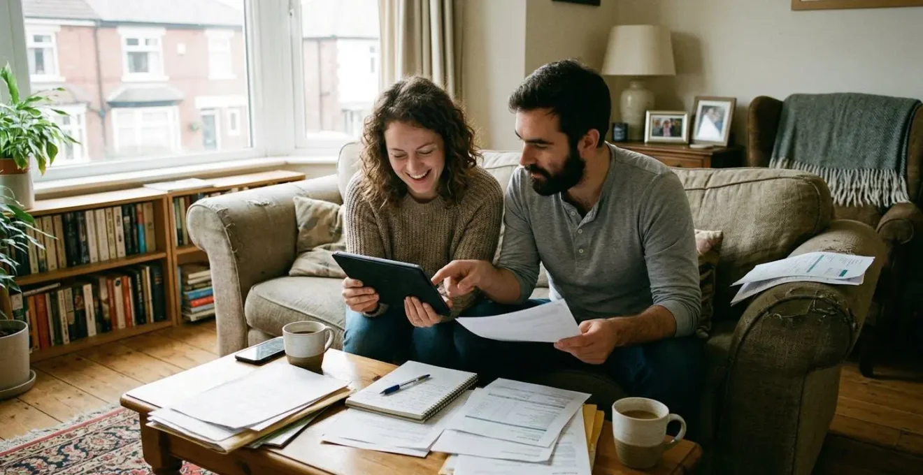 Un couple trentenaire assis dans un canapé consulte une tablette, des documents éparpillés sur la table basse devant eux