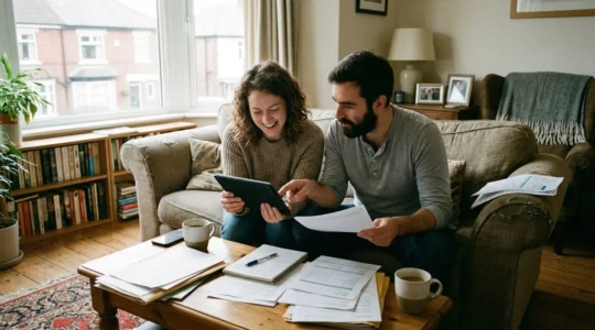 Un couple trentenaire assis dans un canapé consulte une tablette, des documents éparpillés sur la table basse devant eux