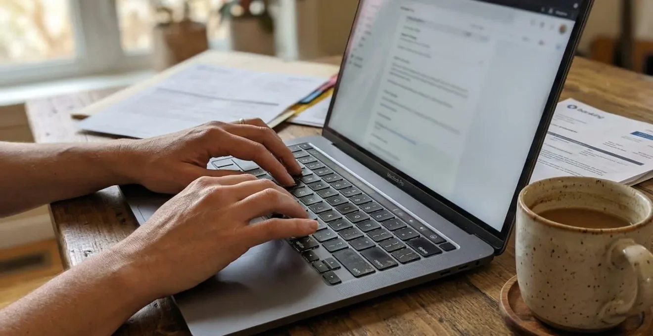 Des mains tapent sur un clavier d'ordinateur portable posé sur un bureau, une tasse de café à côté et des documents en arrière-plan flouté
