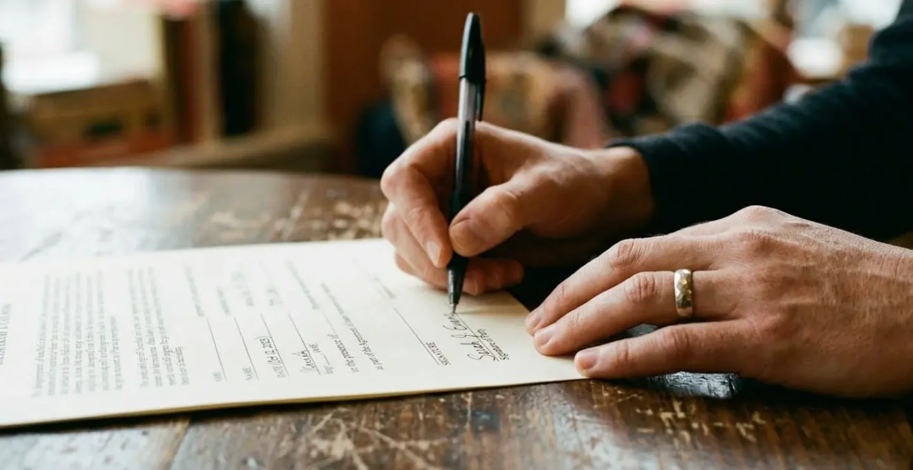 Des mains signent un document avec un stylo sur une table en bois, une alliance visible au doigt