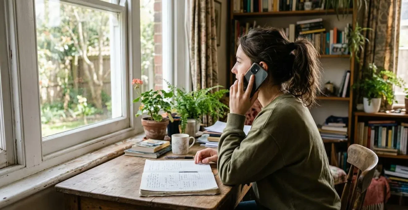Une personne de profil parle au téléphone près d'une fenêtre, un carnet de notes ouvert devant elle sur un bureau