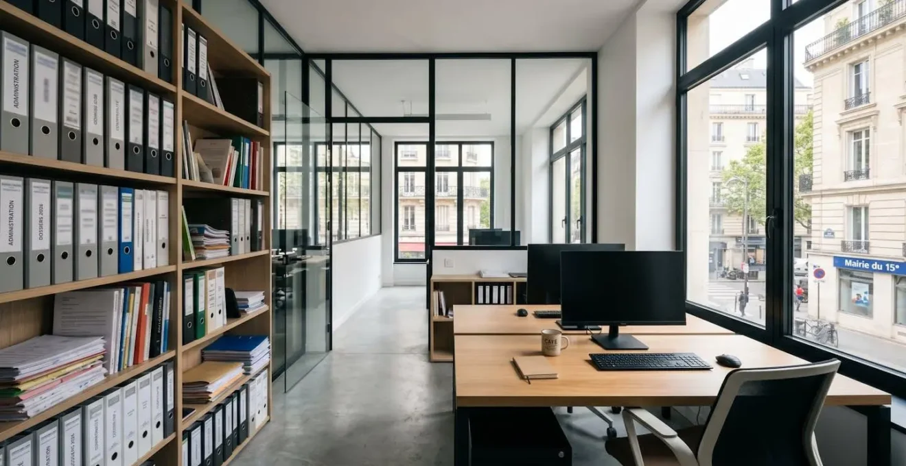 Espace de bureau moderne et lumineux avec bibliothèque contenant des classeurs, table de travail vide, grande fenêtre laissant entrer la lumière naturelle, architecture contemporaine