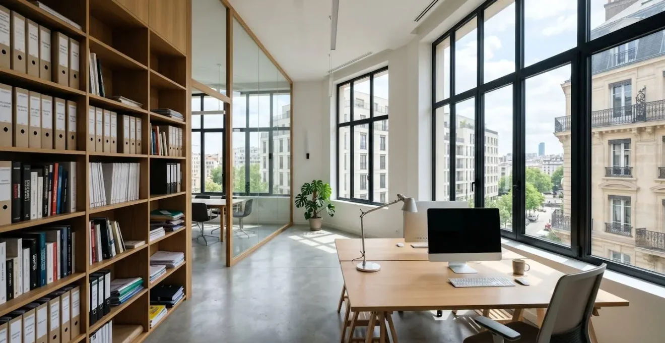 Espace de bureau moderne et lumineux avec bibliothèque contenant des classeurs, table de travail vide, grande fenêtre laissant entrer la lumière naturelle, architecture contemporaine