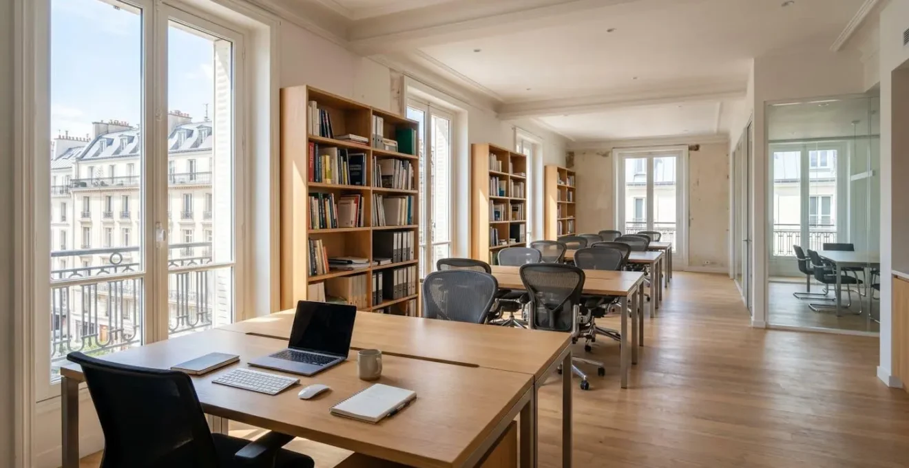 Espace de bureau moderne et lumineux avec bibliothèque contenant des classeurs, table de travail vide, grande fenêtre laissant entrer la lumière naturelle, architecture contemporaine