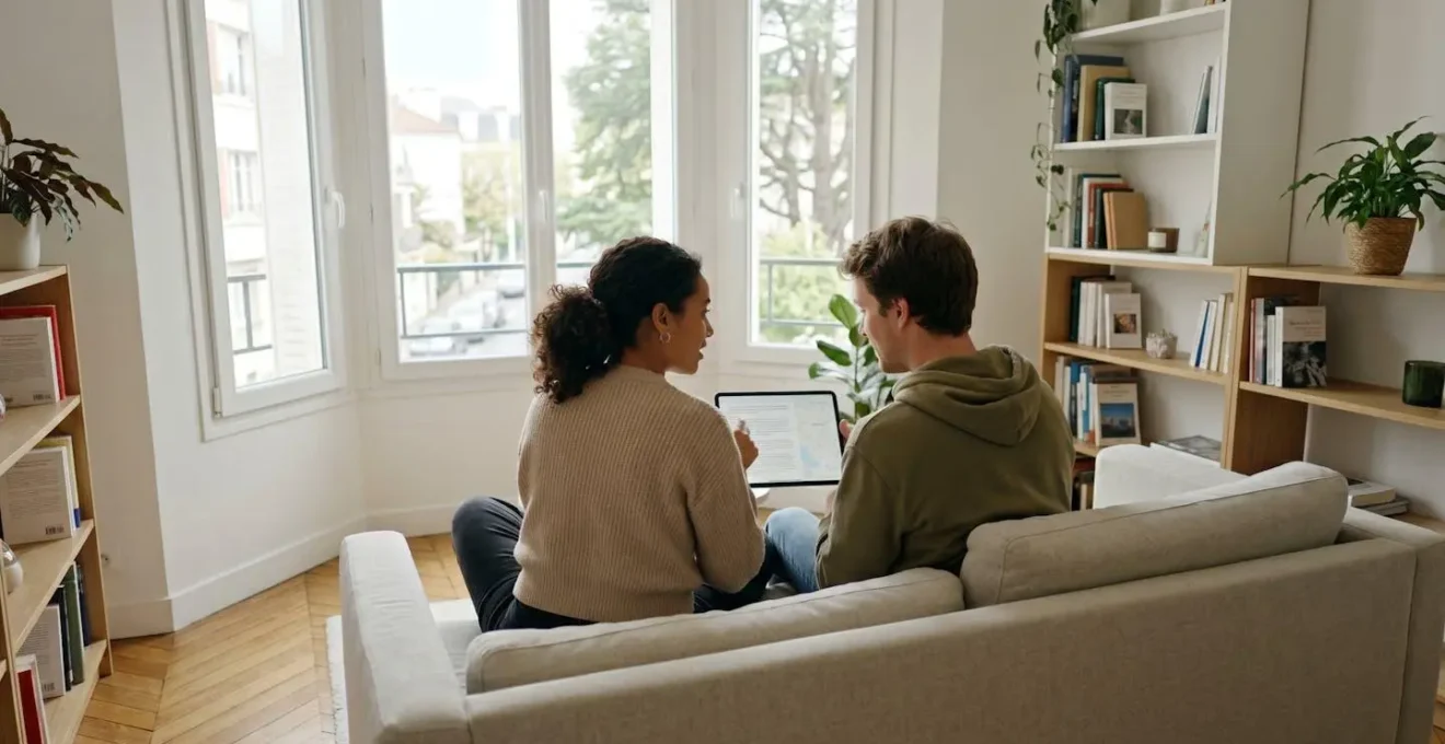 Un couple vu de dos consulte ensemble une tablette dans un salon moderne lumineux près d'une grande fenêtre