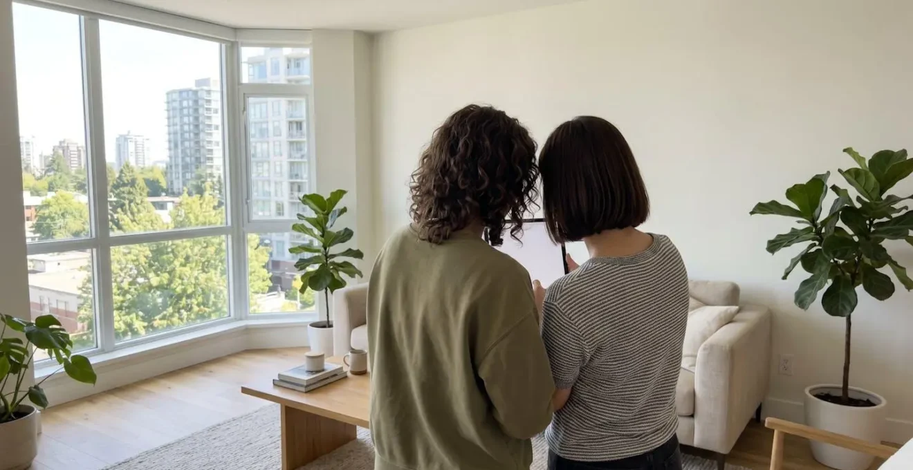 Un couple vu de dos consulte ensemble une tablette dans un salon moderne lumineux près d'une grande fenêtre