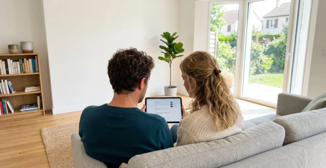 Un couple vu de dos consulte ensemble une tablette dans un salon moderne lumineux près d'une grande fenêtre