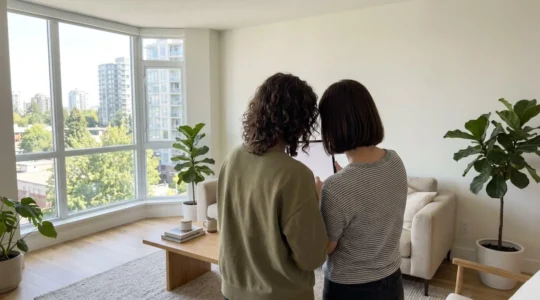 Un couple vu de dos consulte ensemble une tablette dans un salon moderne lumineux près d'une grande fenêtre