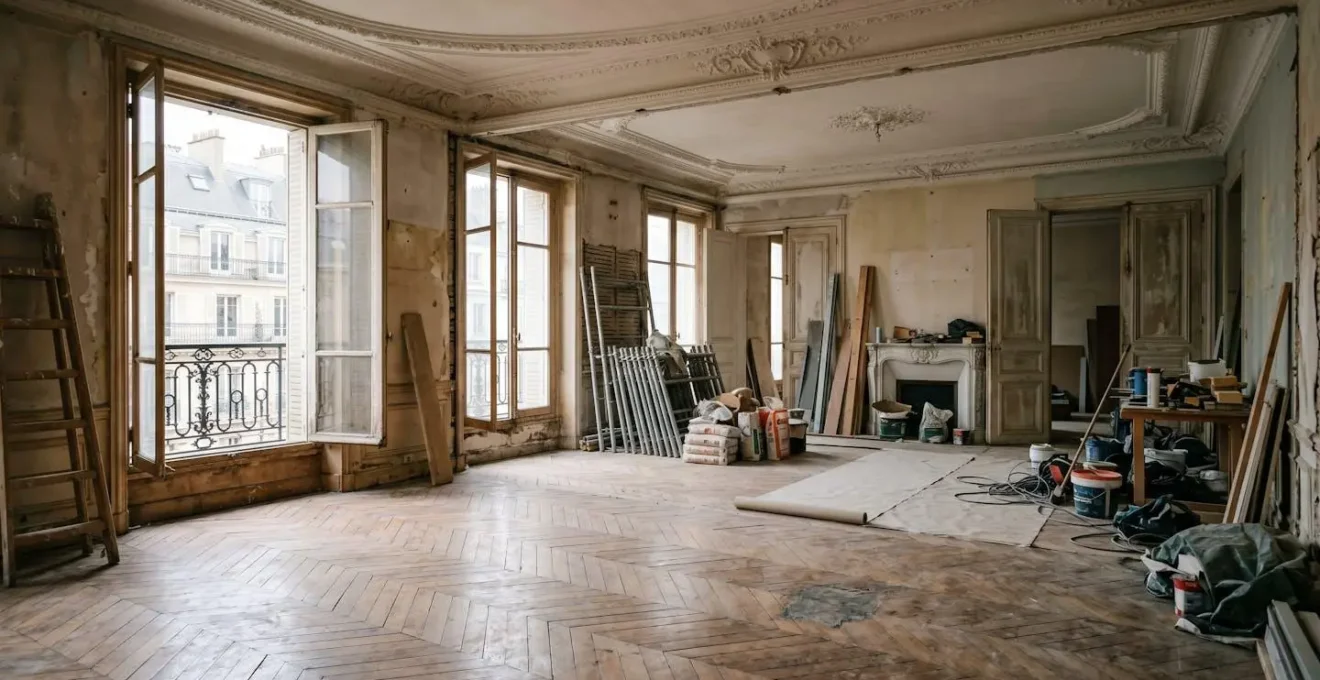 Intérieur d'un appartement haussmannien en cours de renovation avec parquet ancien et moulures au plafond