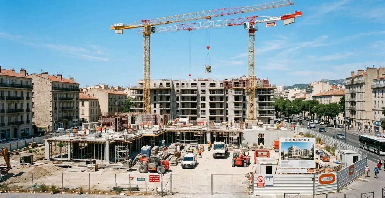 Chantier de construction d'un immeuble residentiel neuf avec grues sous un ciel clair
