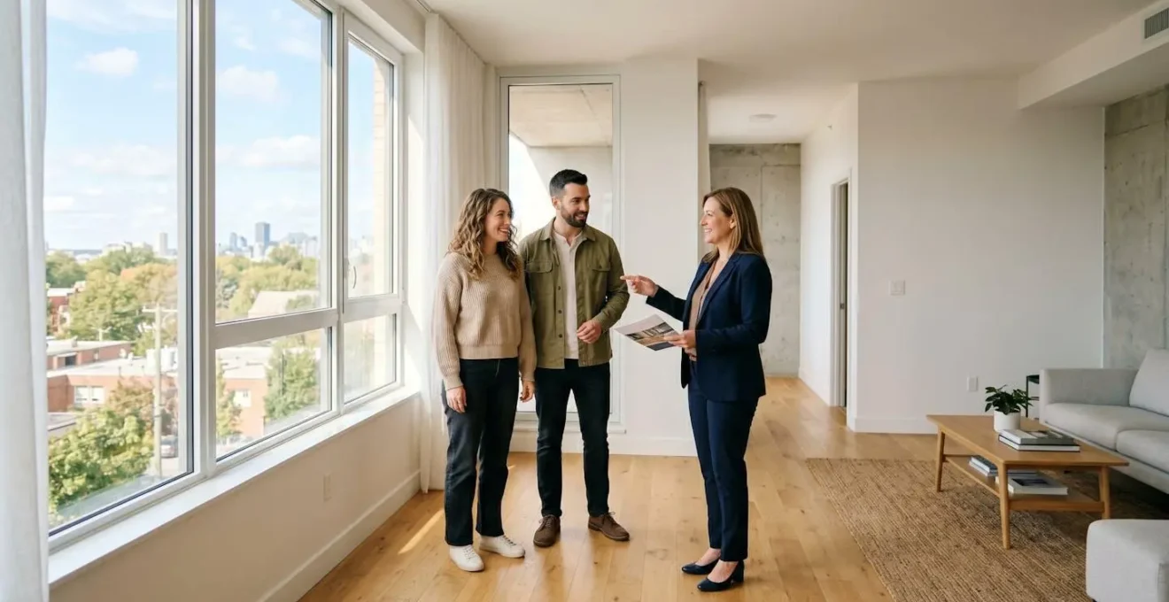 Couple en visite d'un appartement neuf lumineux, en discussion avec un conseiller immobilier
