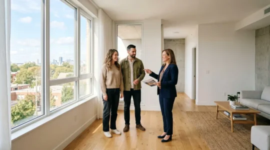 Couple en visite d'un appartement neuf lumineux, en discussion avec un conseiller immobilier